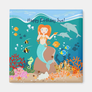 Mermaid and dolphins under the sea birthday party magnet