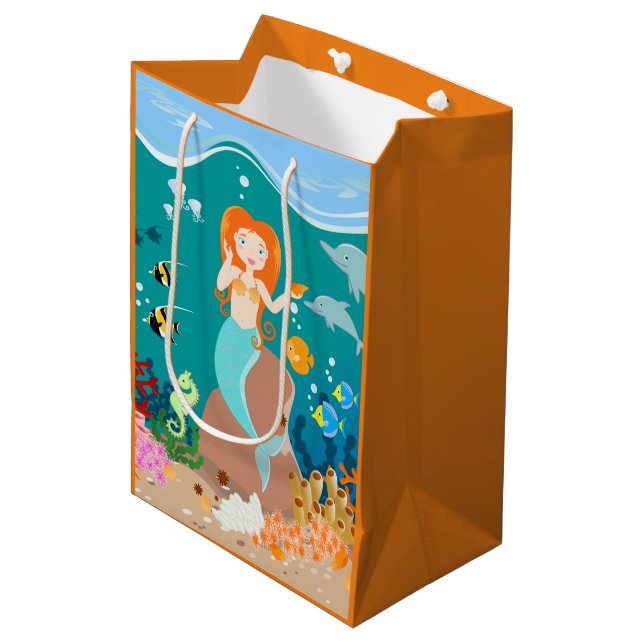 Mermaid  and dolphins under the sea birthday party medium gift bag (Front Angled)