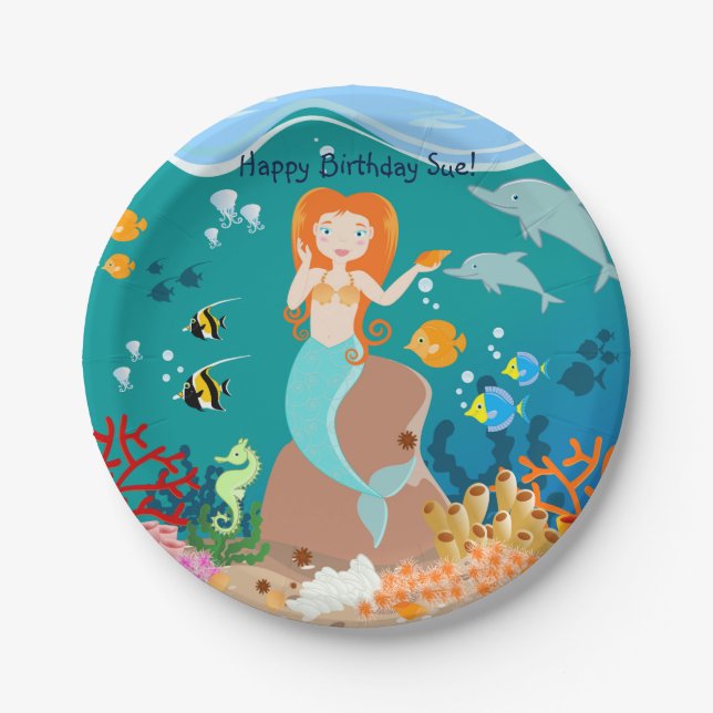 Mermaid  and dolphins under the sea birthday party paper plate (Front)