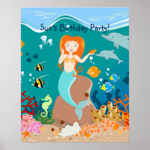 Mermaid  and dolphins under the sea birthday party poster