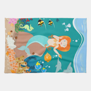 Mermaid  and dolphins under the sea birthday party tea towel