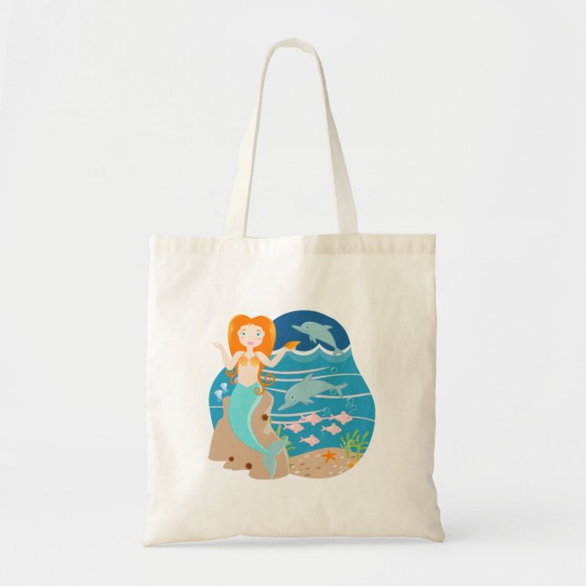 Mermaid  and dolphins under the sea birthday party tote bag (Front)