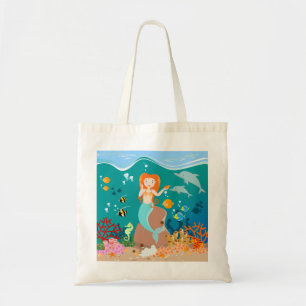 Mermaid  and dolphins under the sea birthday party tote bag
