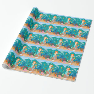 Mermaid  and dolphins under the sea birthday party wrapping paper