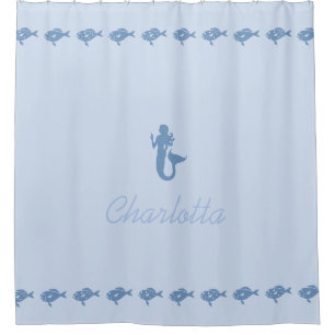 Mermaid and Fish Blue Maritime Symbols with Name Shower Curtain