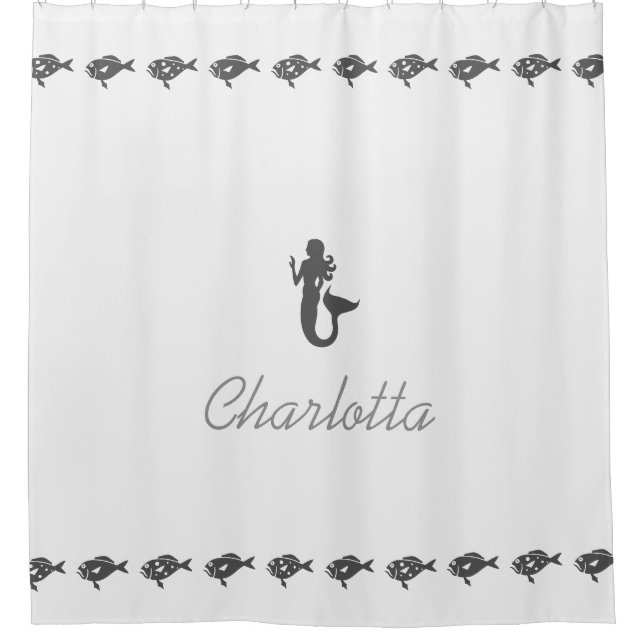 Mermaid and Fish Grey Maritime Symbols with Name Shower Curtain (Front)