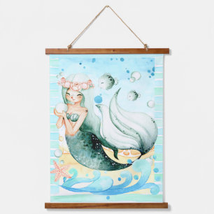 Mermaid and Fish Sea Life Watercolor Art Hanging Tapestry