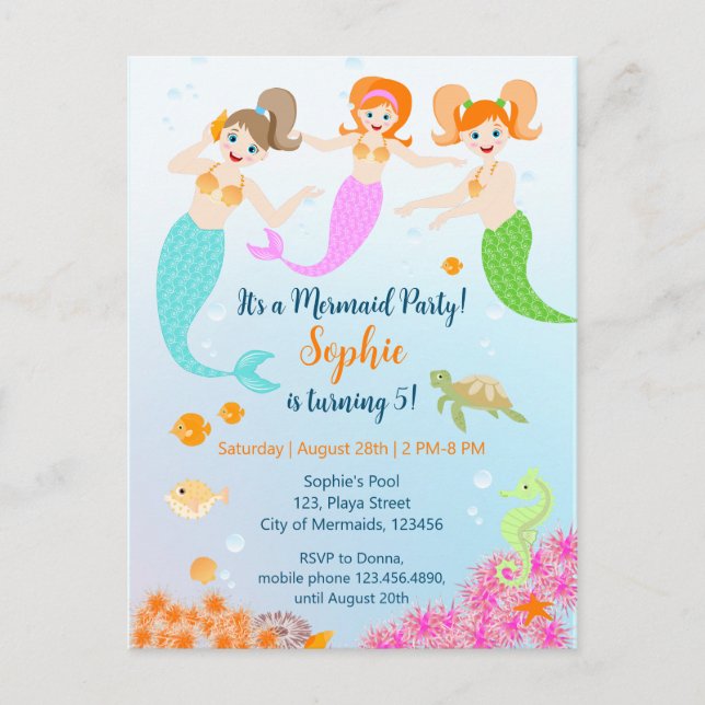 Mermaid and friends girly Birthday Party Invitation Postcard (Front)