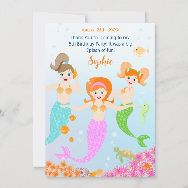 Mermaid and friends girly Birthday Party Thank You Card (Front)