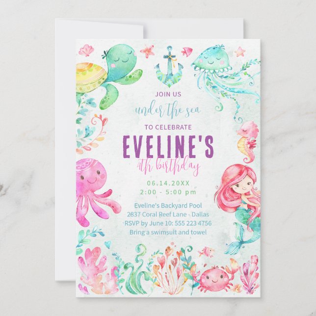 Mermaid and Friends Under the Sea Invitation (Front)