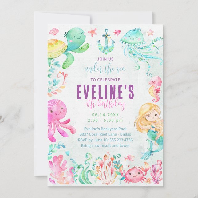 Mermaid and Friends Under the Sea Invitation (Front)