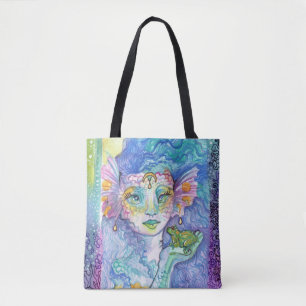 Mermaid and Frog fantasy watercolor art Tote Bag