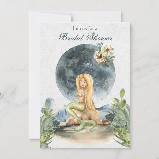 Mermaid and Full Moon Beach Bridal Shower Invitation (Front)