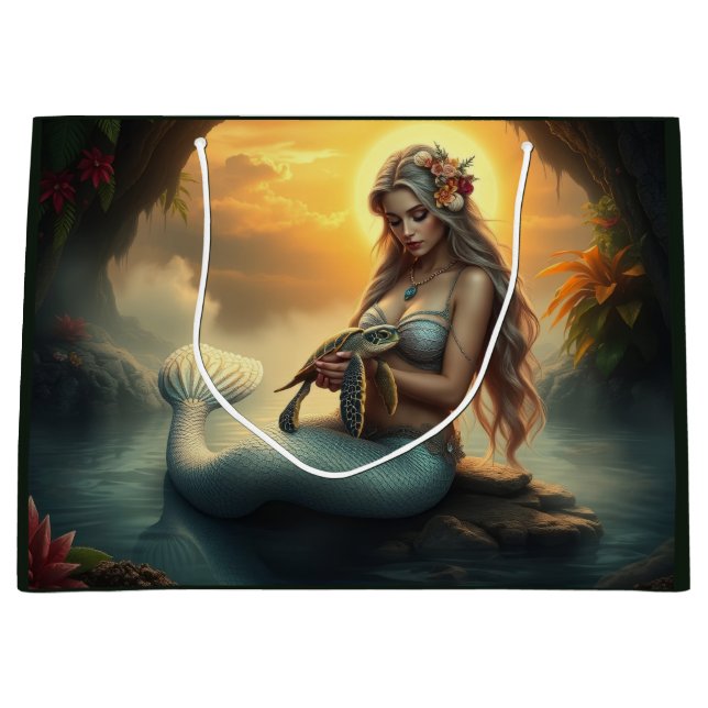 Mermaid and her turtle friend visit the grotto large gift bag (Front)