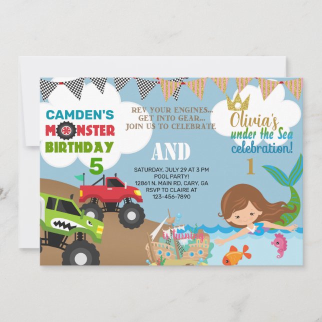 Mermaid and monster trucks siblings invitation. invitation (Front)