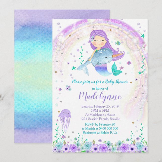 Mermaid and Narwhal Baby Shower Invitation (Front/Back)