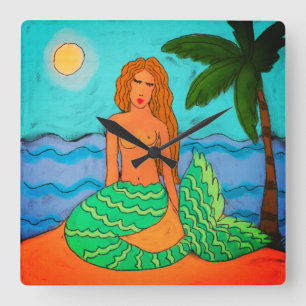 Mermaid and Palm Tree Abstract Painting Square Wall Clock