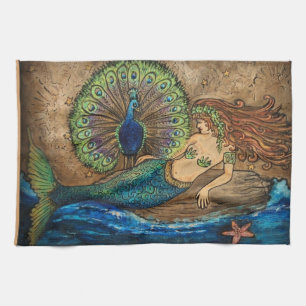 Mermaid and Peacock Tea Towel