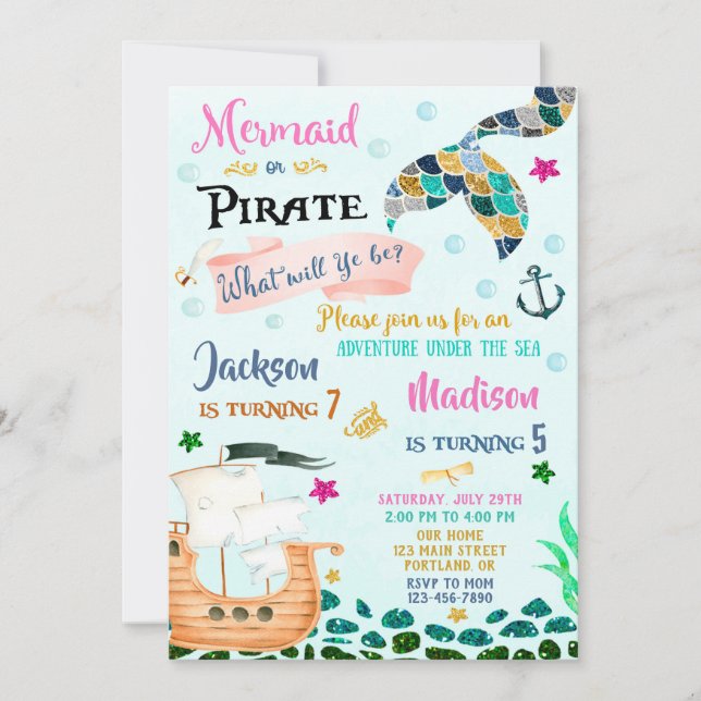 Mermaid and Pirate birthday invitation Boy Girl (Front)