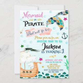 Mermaid and Pirate birthday invitation Boy Girl