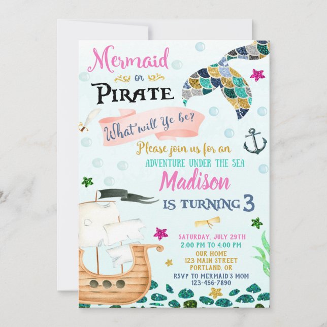 Mermaid and Pirate birthday invitation Boy Girl (Front)
