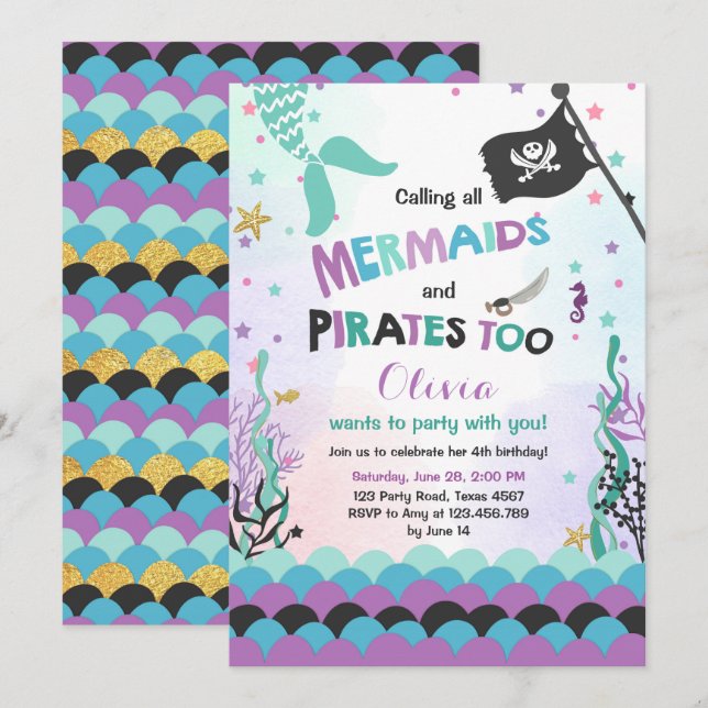 Mermaid and Pirate birthday invitation Purple Blue (Front/Back)