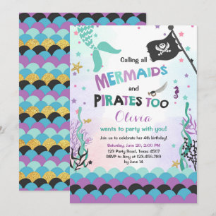 Mermaid and Pirate birthday invitation Purple Blue