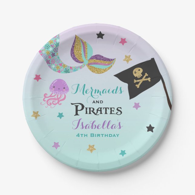 Mermaid And Pirate Paper Party Plates (Front)
