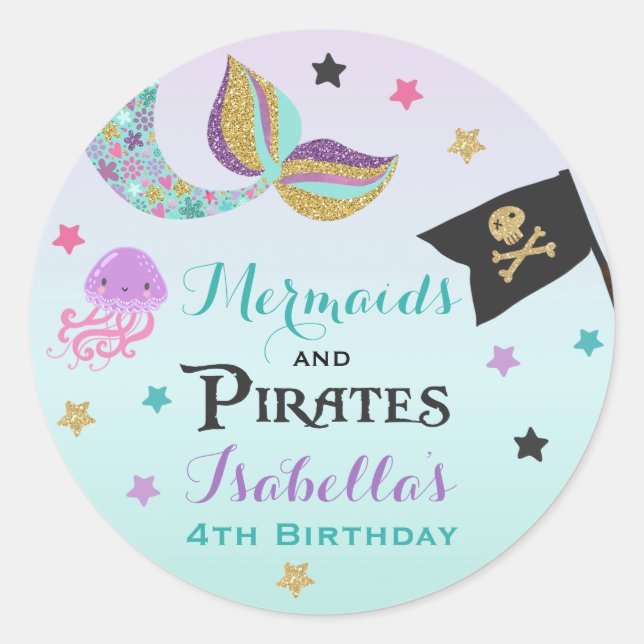 Mermaid And Pirate Party Favour Tag Sticker Seal (Front)