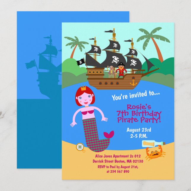 Mermaid and pirate ship Birthday Party  Invitation (Front/Back)