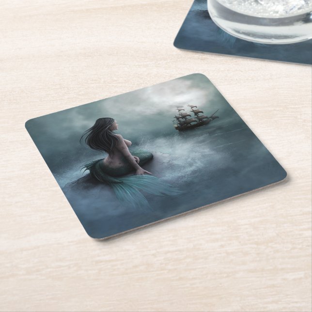 Mermaid and Pirate Ship Square Paper Coaster (Angled)