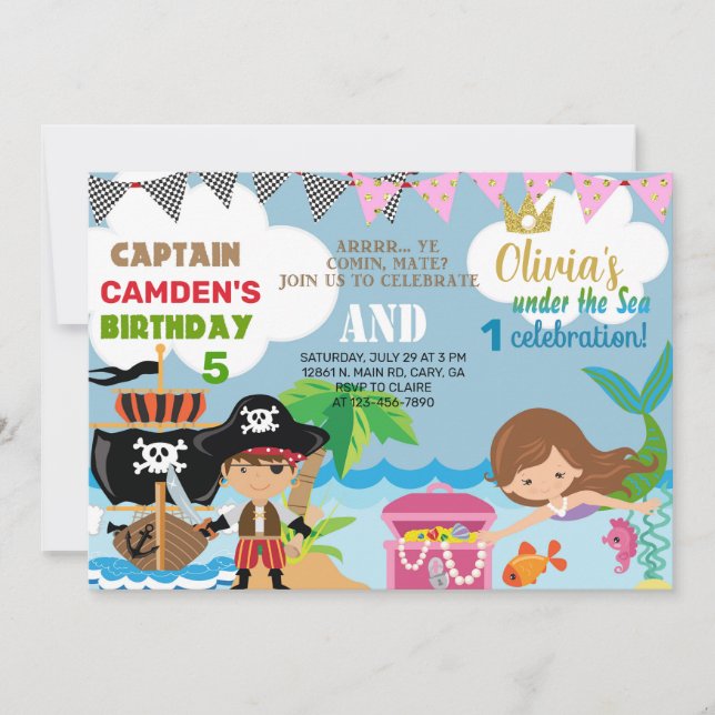 Mermaid and pirate siblings birthday invite. invitation (Front)