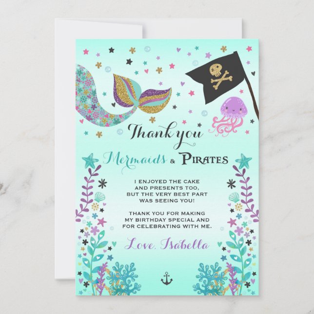 Mermaid And Pirate Thank You Card (Front)