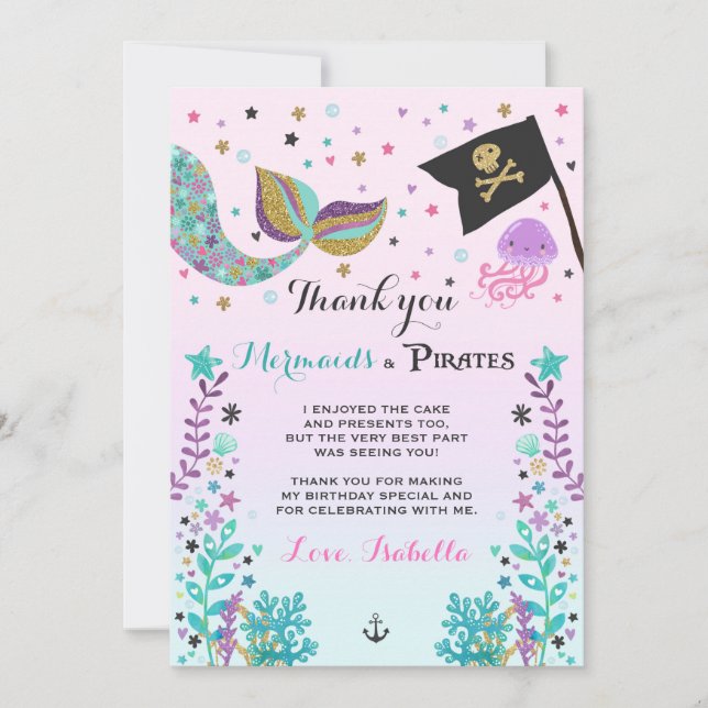 Mermaid And Pirate Thank You Card (Front)