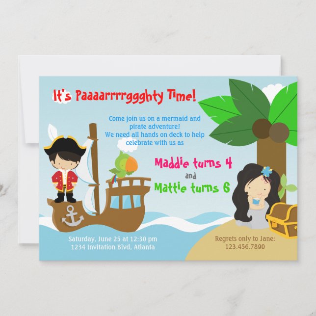 Mermaid and Pirate Twins Joint Birthday Party Invitation (Front)