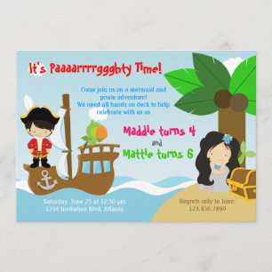 Mermaid and Pirate Twins Joint Birthday Party Invitation