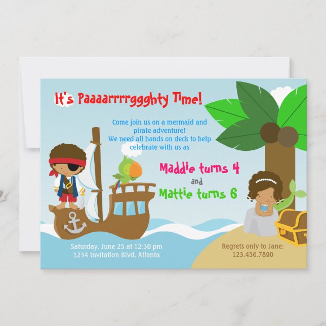 Mermaid and Pirate Twins Joint Birthday Party Invitation (Front)