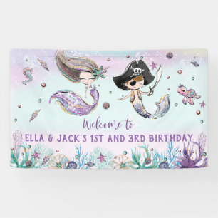Mermaid and Pirate Under the Sea Birthday Backdrop Banner