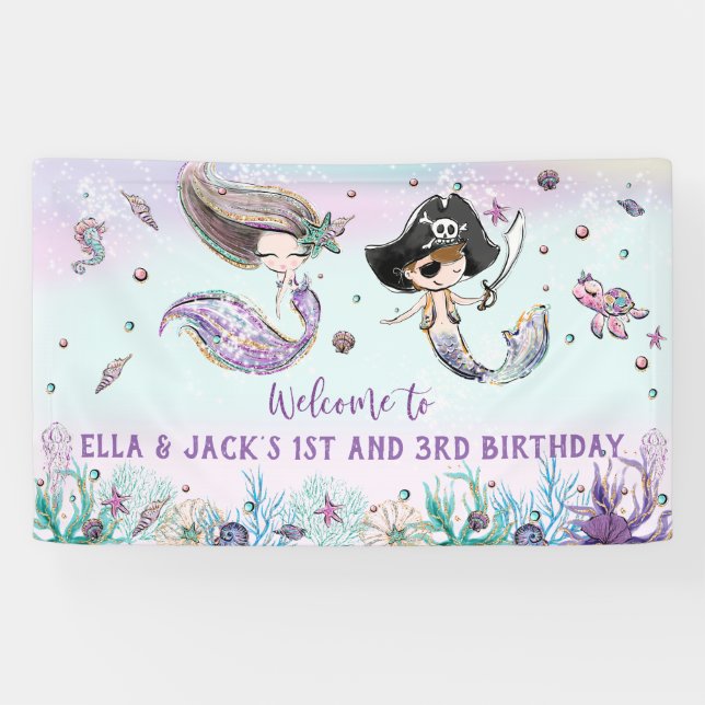 Mermaid and Pirate Under the Sea Birthday Backdrop Banner (Horizontal)