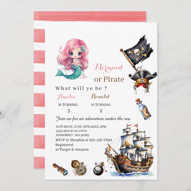 Mermaid and Pirate watercolorbirthday paInvitation Invitation (Front/Back)