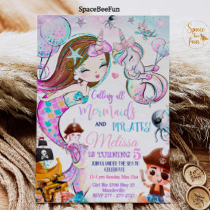 Mermaid and Pirates Birthday Invitation Unicorn