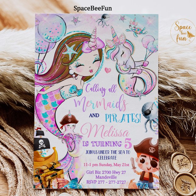 Mermaid and Pirates Birthday Invitation Unicorn (Creator Uploaded)