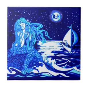 Mermaid and sailor, moonlit night tile
