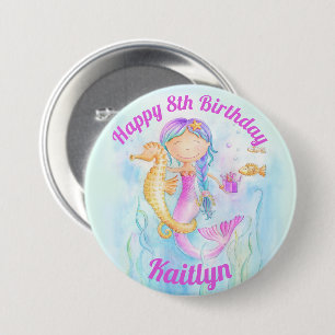 Mermaid and seahorse 8th Birthday custom name 7.5 Cm Round Badge
