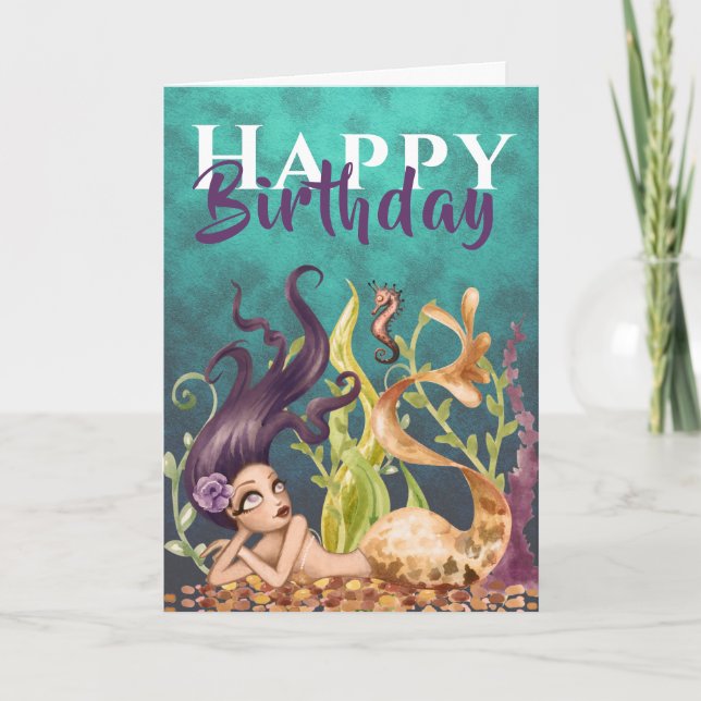 Mermaid and Seahorse Under the Sea Beach Birthday Card (Front)