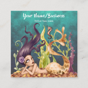 Mermaid and Seahorse Under the Sea Beach Square Business Card