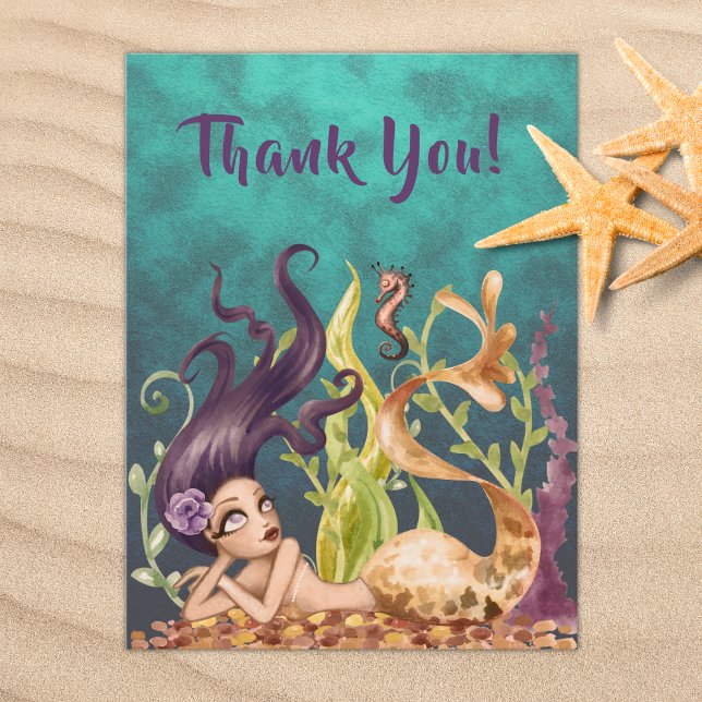 Mermaid and Seahorse Under the Sea Beach Thank You Postcard (Creator Uploaded)