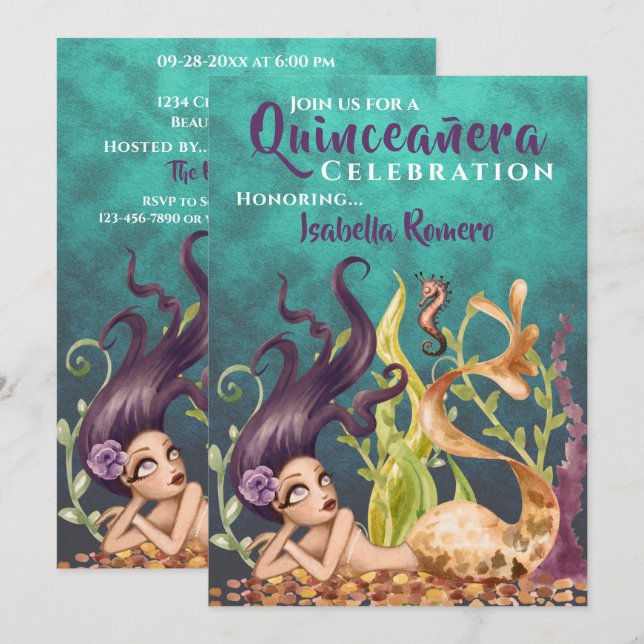 Mermaid and Seahorse Under the Sea Quinceañera Invitation (Front/Back)