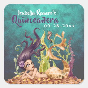 Mermaid and Seahorse Under the Sea Quinceañera Square Sticker