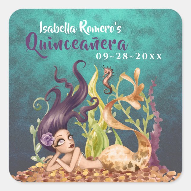 Mermaid and Seahorse Under the Sea Quinceañera Square Sticker (Front)